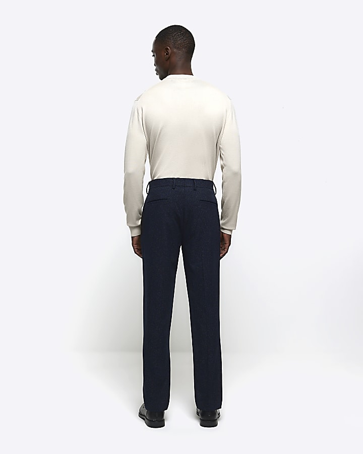 Navy slim fit textured suit trousers