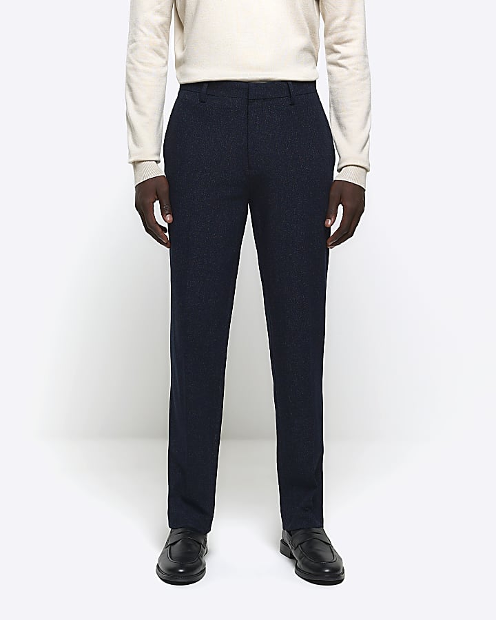 Navy slim fit textured suit trousers