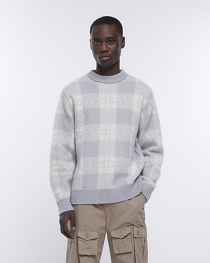 Grey regular fit check jumper River Island