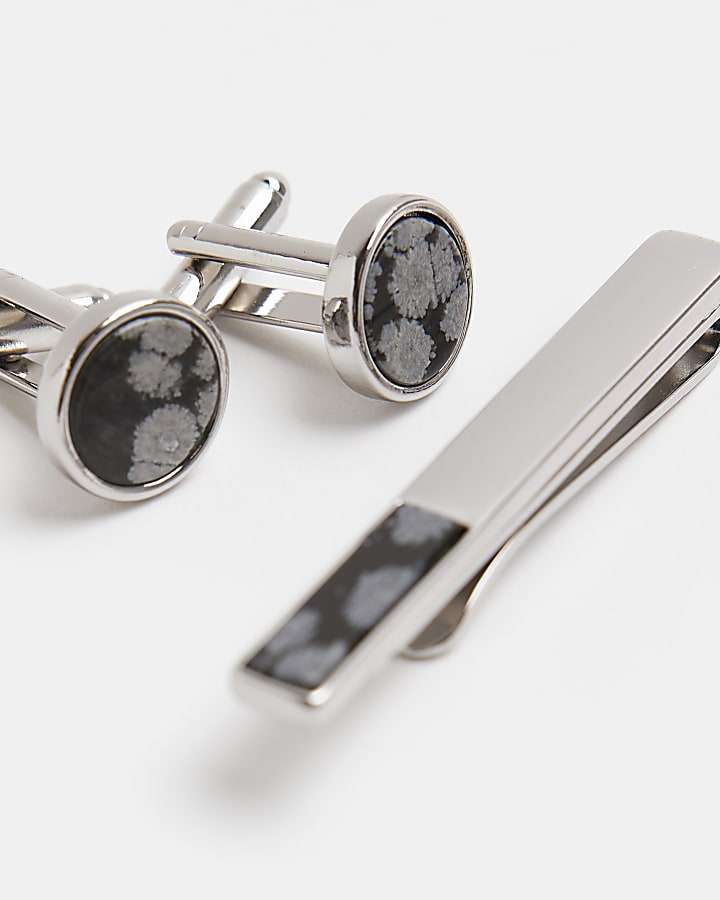 Black stone detail tie clip set