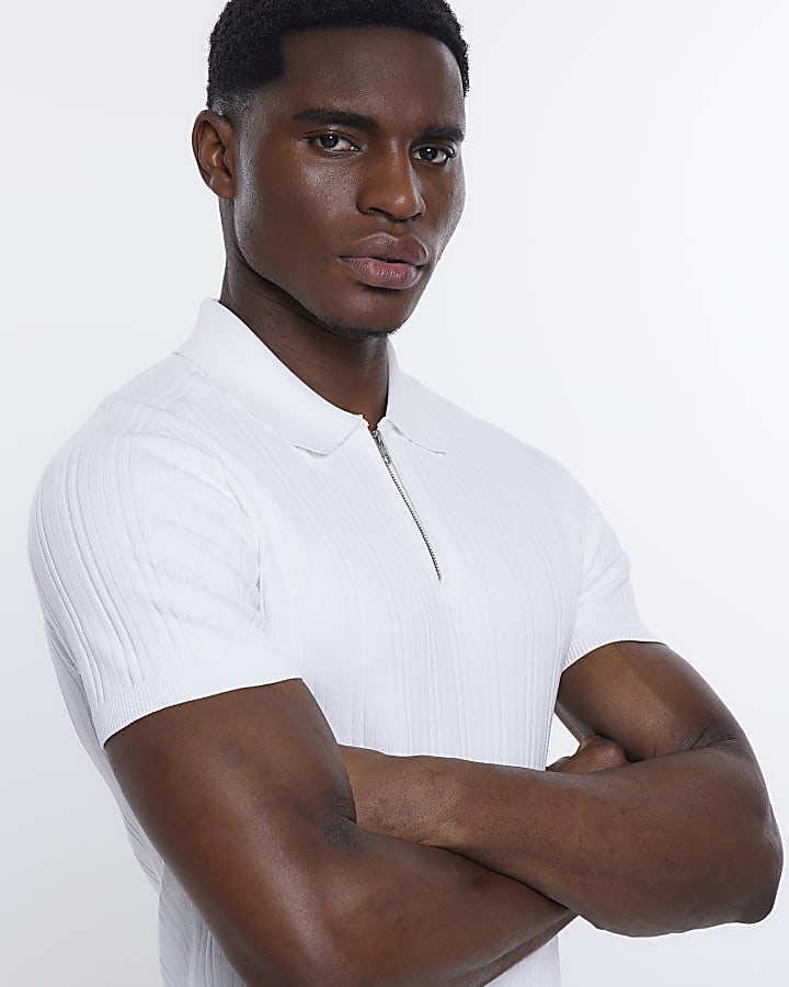 White Muscle fit ribbed half zip polo shirt