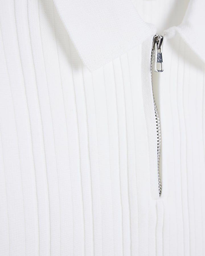 White Muscle fit ribbed half zip polo shirt