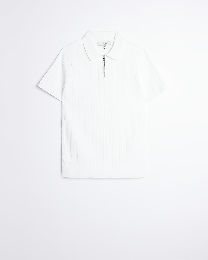 White Muscle fit ribbed half zip polo shirt