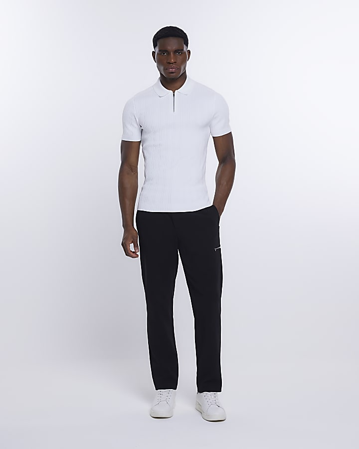 White Muscle fit ribbed half zip polo shirt