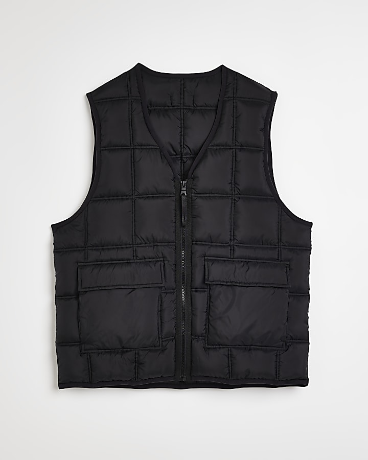 Black regular fit quilted zip up gilet