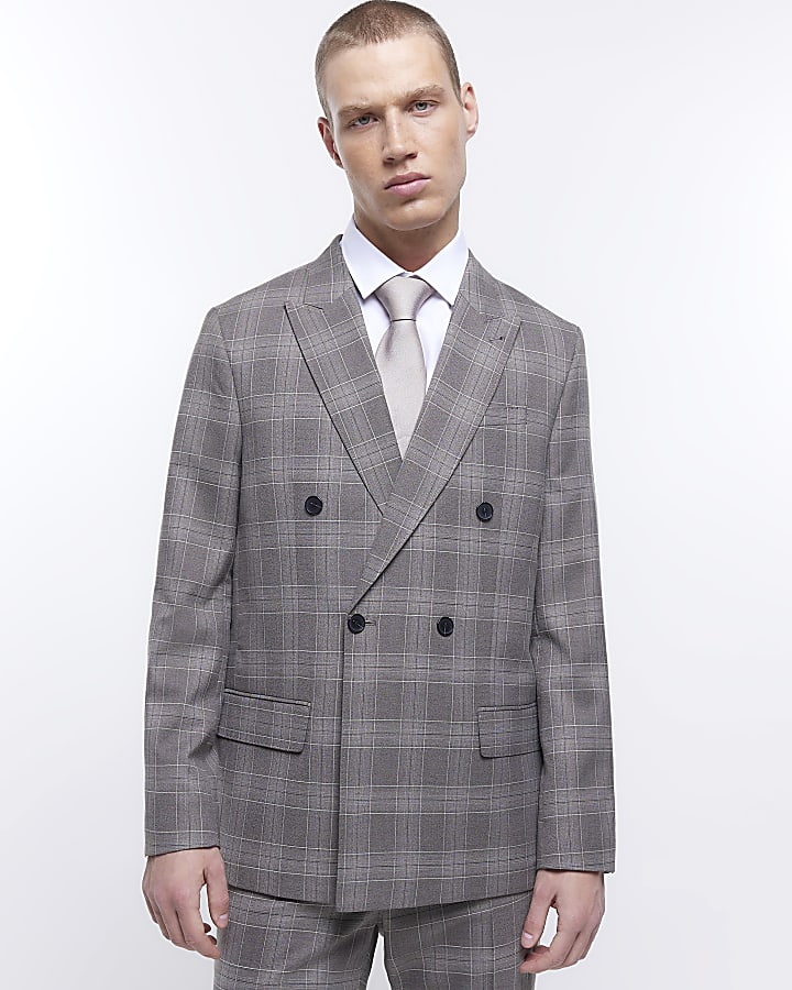 Grey slim fit check suit jacket