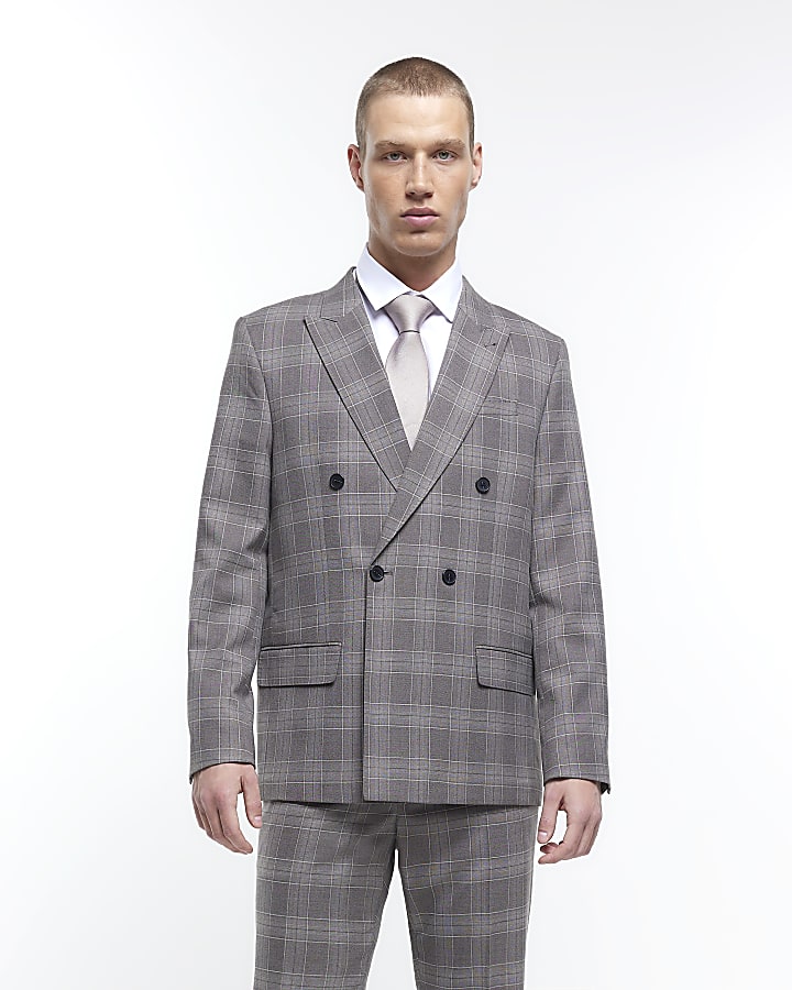 Grey slim fit check suit jacket