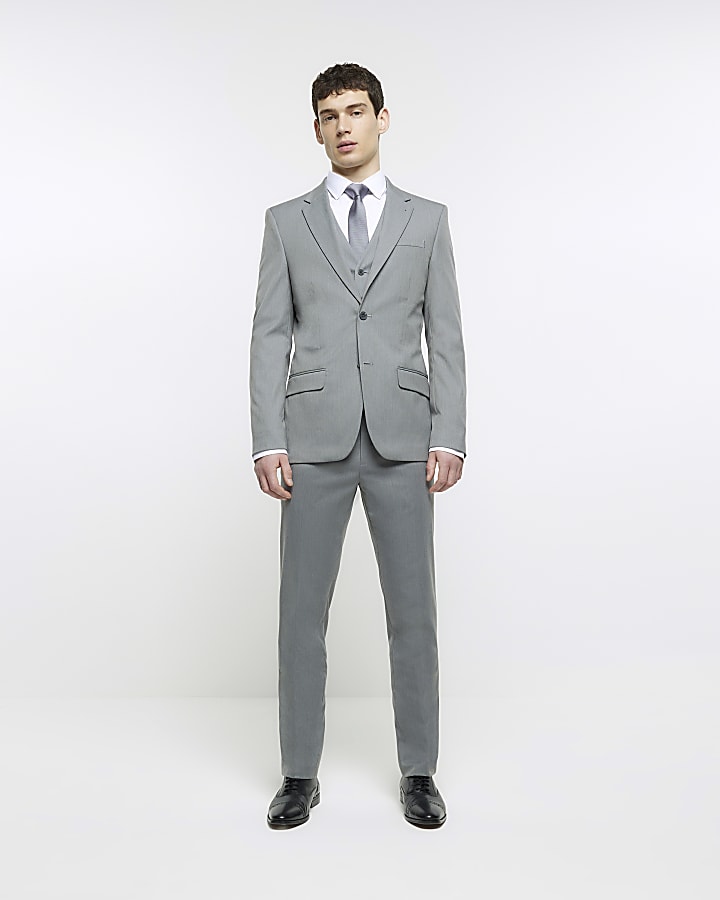 Grey Slim Fit Twill Suit Trousers