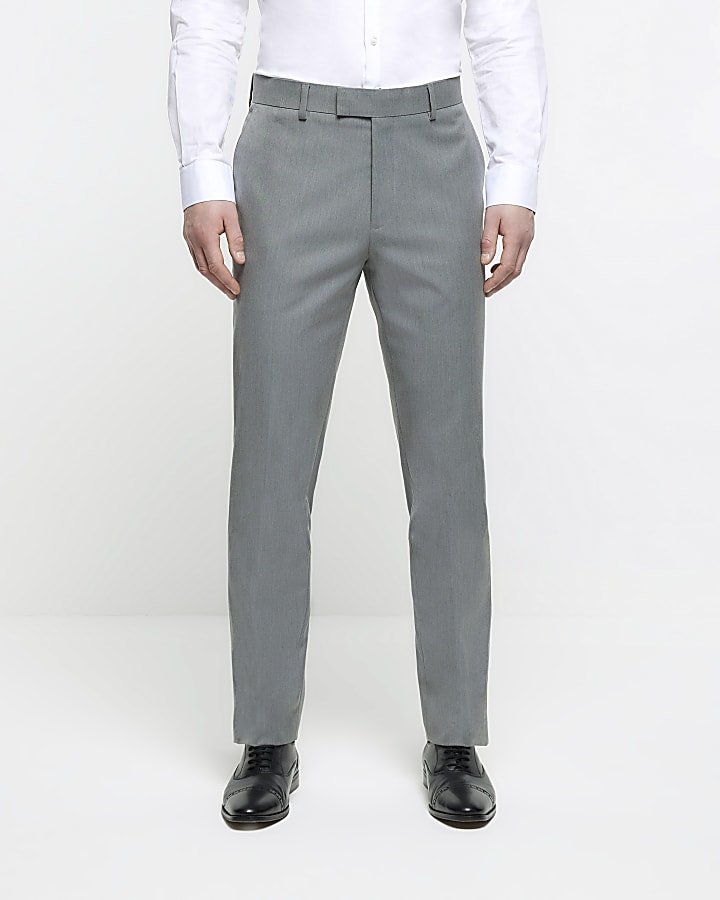 Grey Slim Fit Twill Suit Trousers