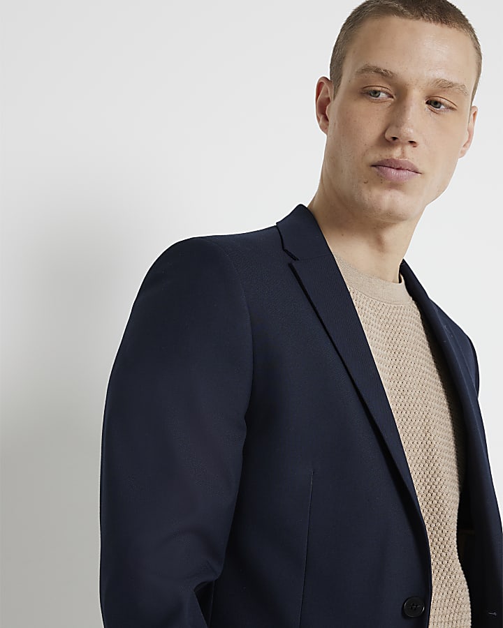 Navy skinny fit twill suit jacket