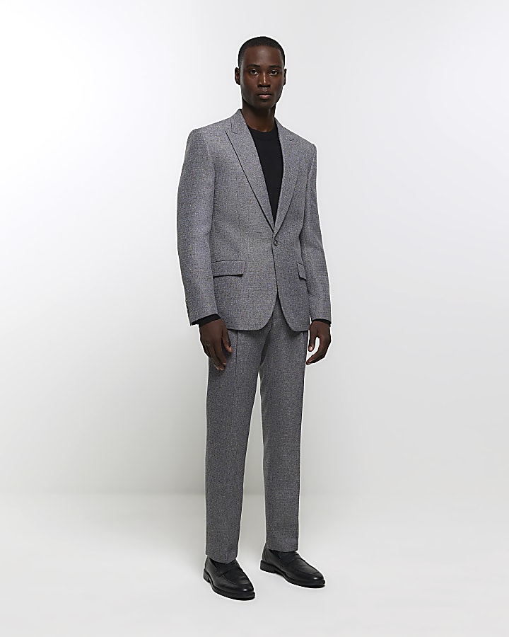 Grey slim fit textured suit trousers