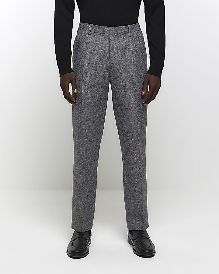 Grey slim fit textured suit trousers