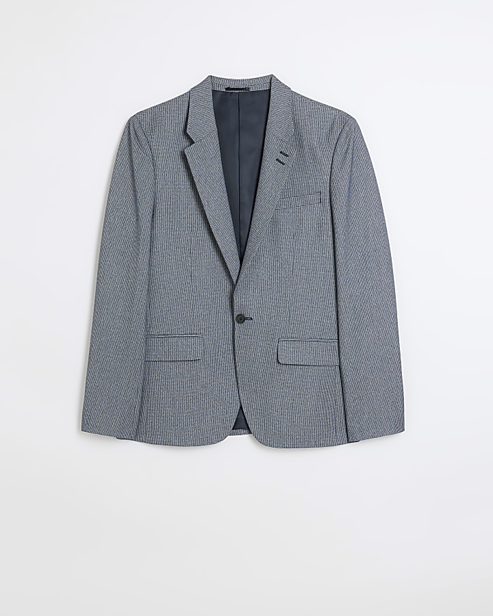 Blue skinny fit dogtooth suit jacket