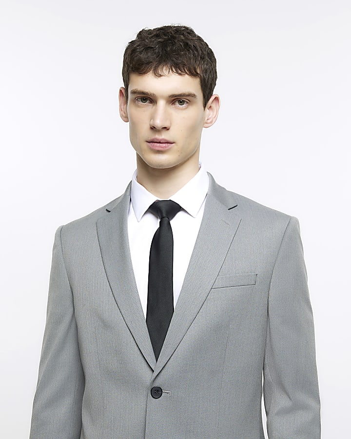 Grey skinny fit herringbone suit jacket