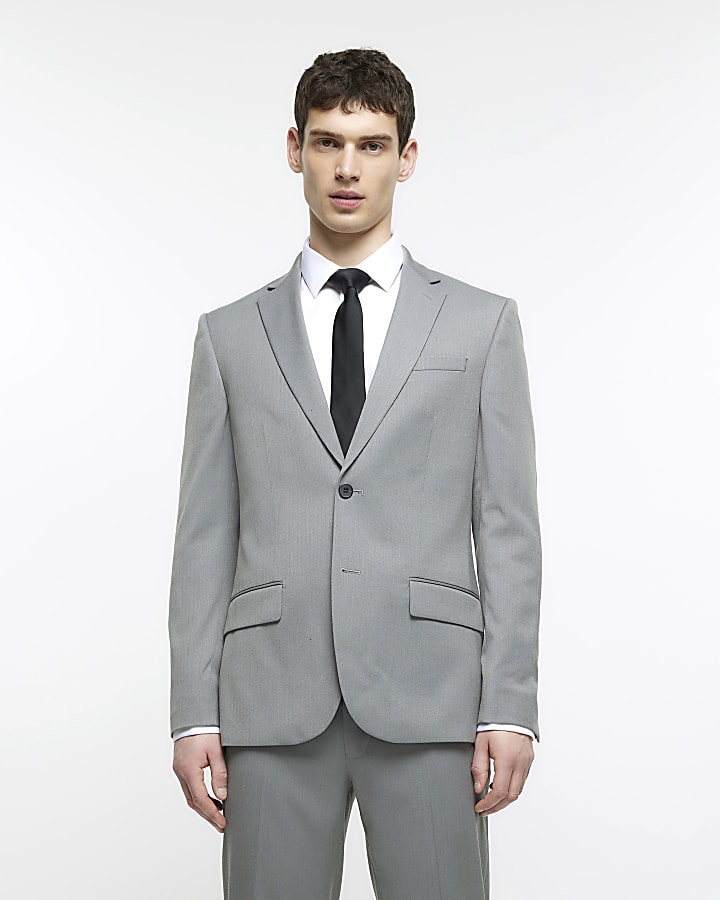 Grey skinny fit herringbone suit jacket