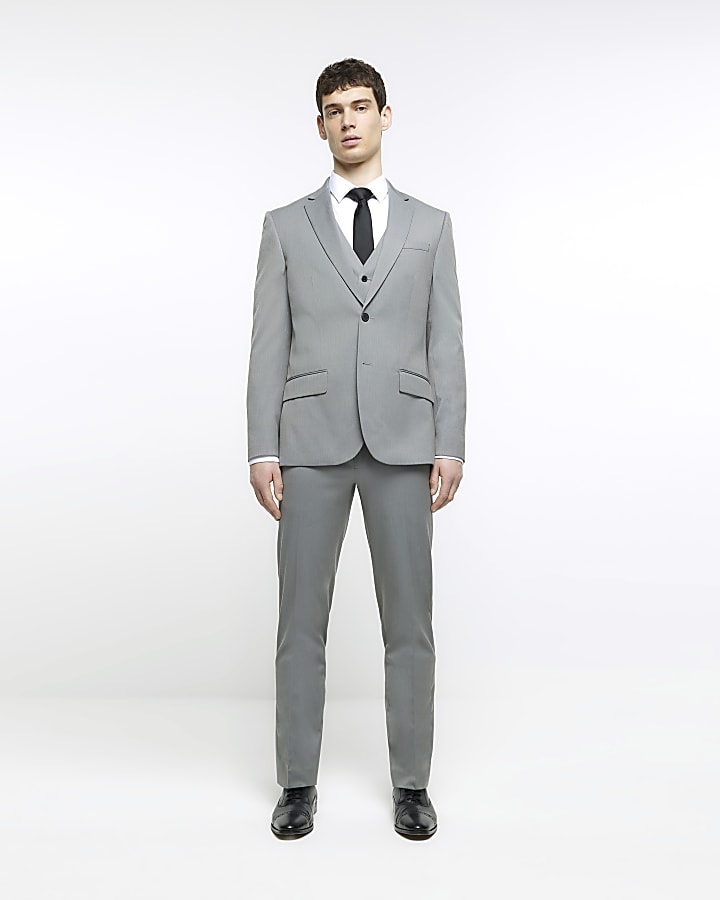 Grey skinny fit herringbone suit jacket