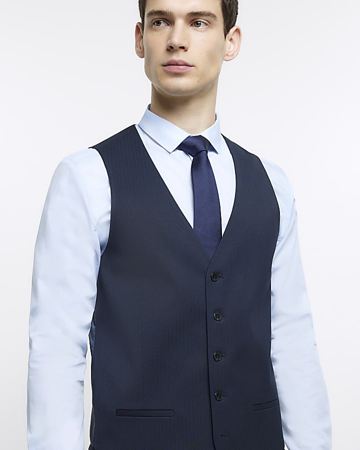 Navy skinny fit herringbone waistcoat