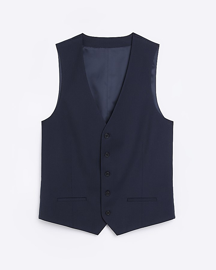 Navy skinny fit herringbone waistcoat