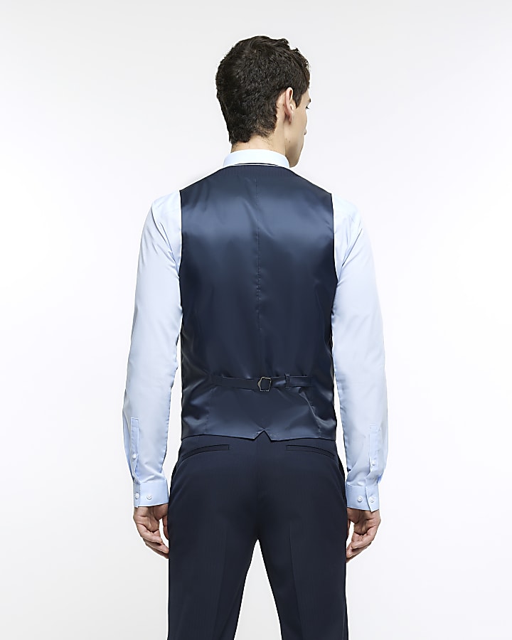 Navy skinny fit herringbone waistcoat