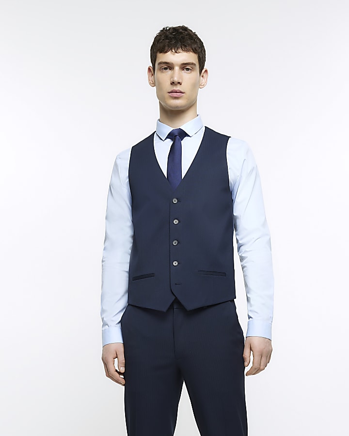 Navy skinny fit herringbone waistcoat