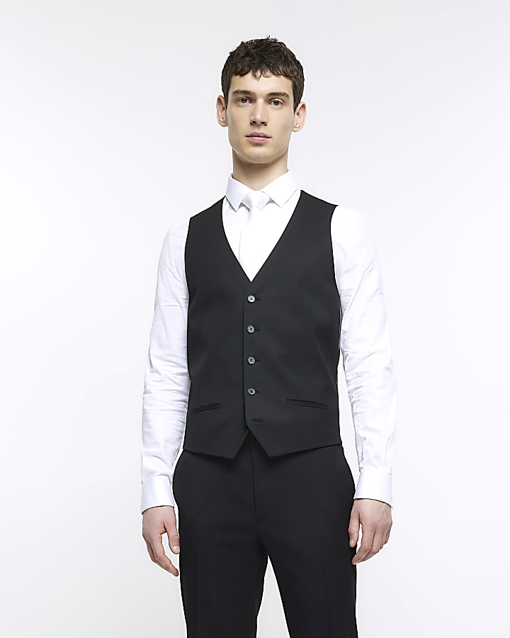 Black skinny fit herringbone waistcoat River Island