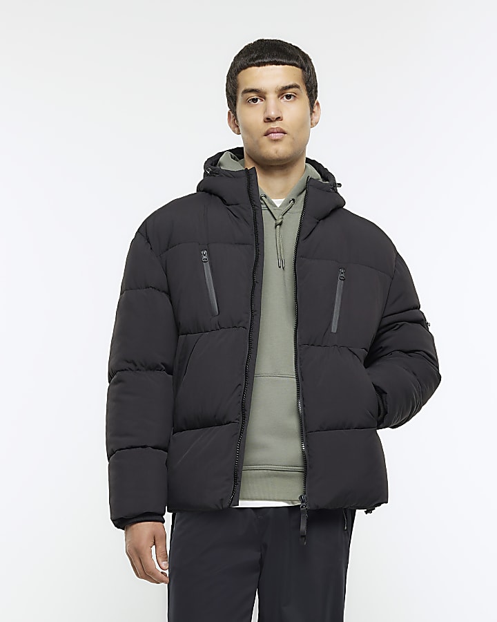 Black hooded puffer jacket River Island