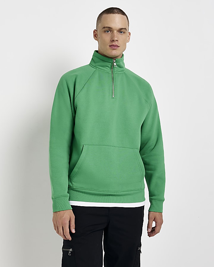 Green Funnel neck Half zip sweatshirt River Island