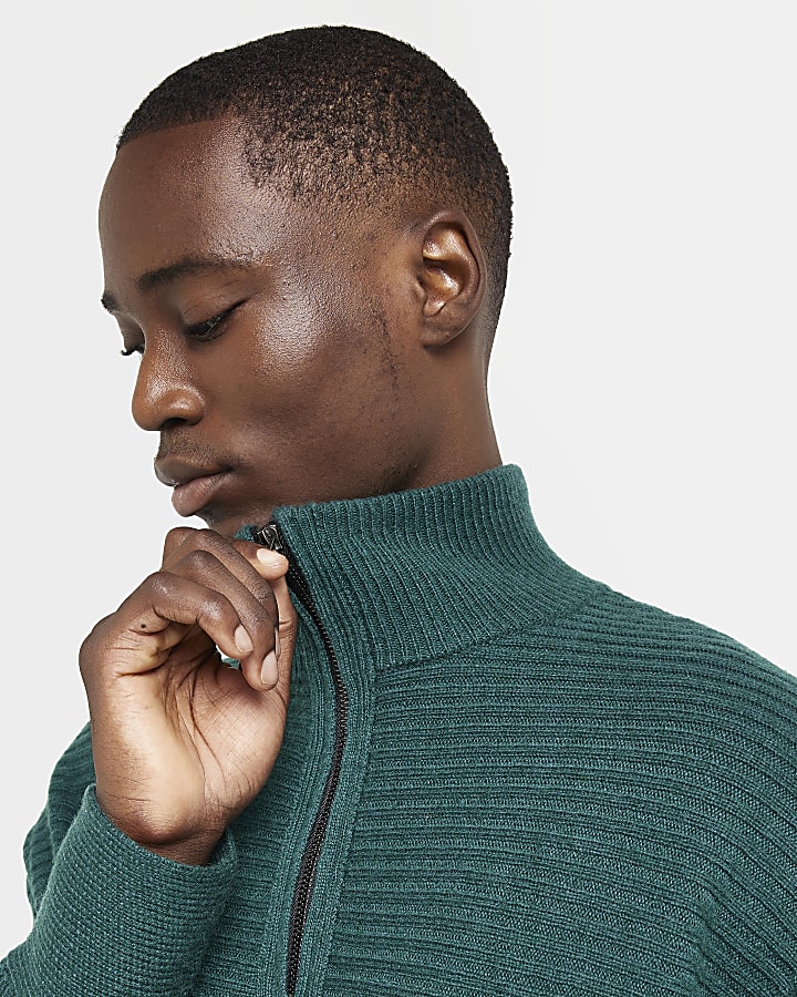 Green Boxy fit half zip knitted jumper