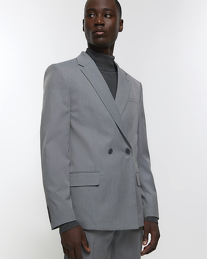 Grey Twill Double breasted Suit Jacket