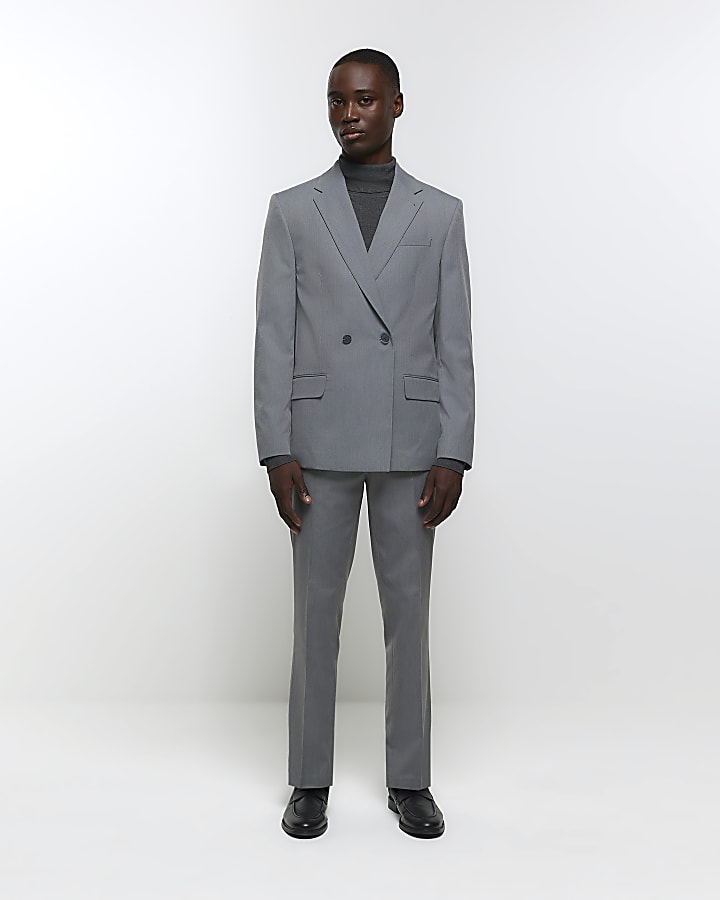 Grey Twill Double breasted Suit Jacket