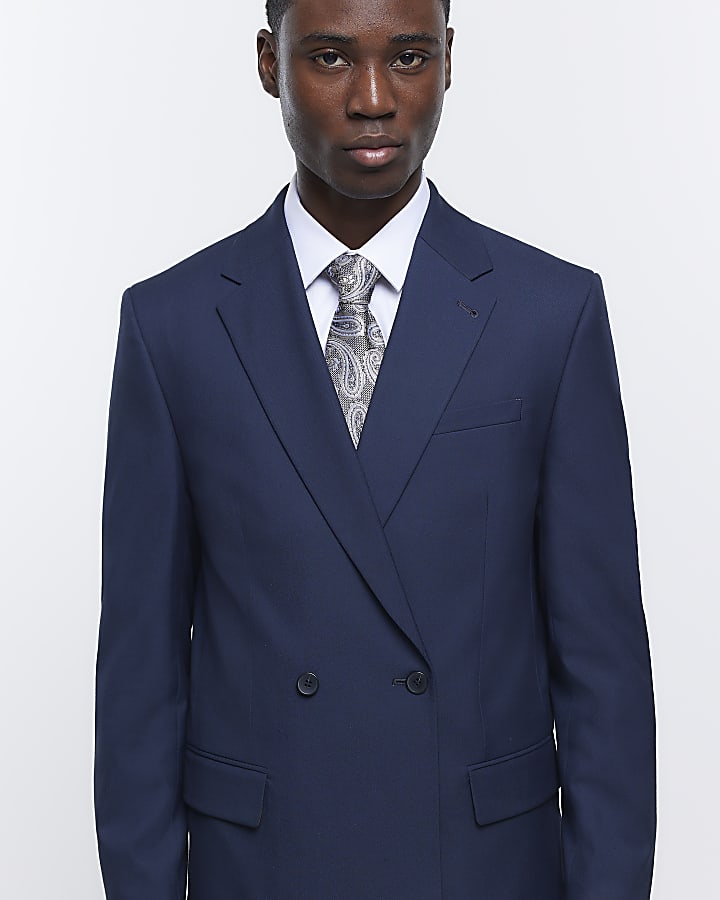 Navy Double Breasted Twill Suit Jacket