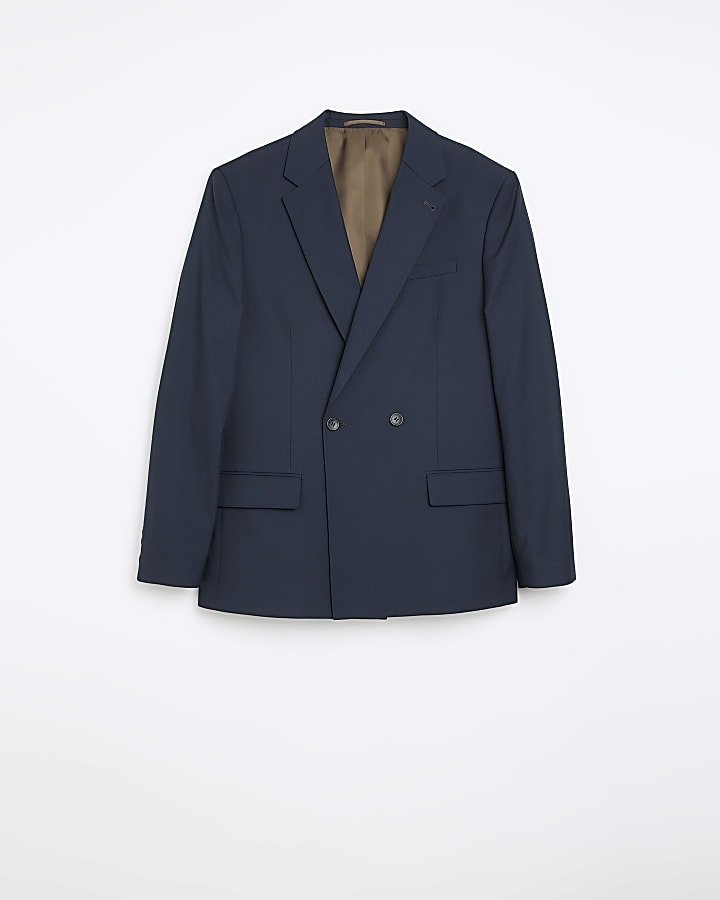 Navy Double Breasted Twill Suit Jacket