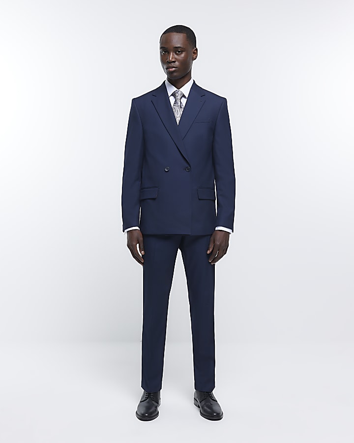 Navy Double Breasted Twill Suit Jacket