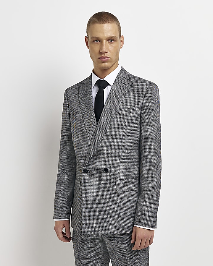 Grey Slim fit Double Breasted Suit Blazer