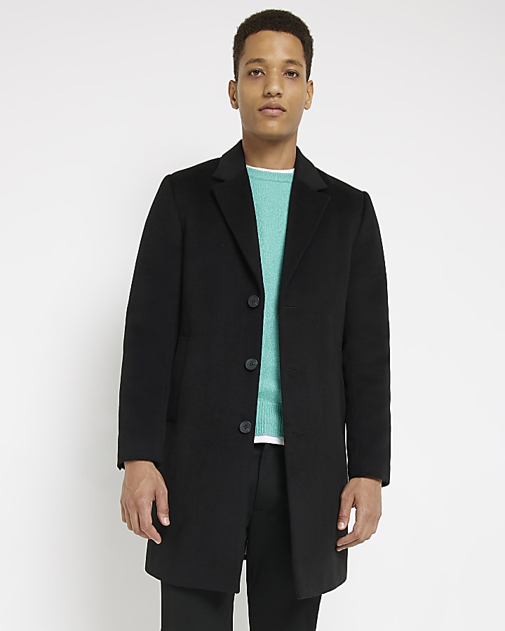 Black single breasted overcoat River Island