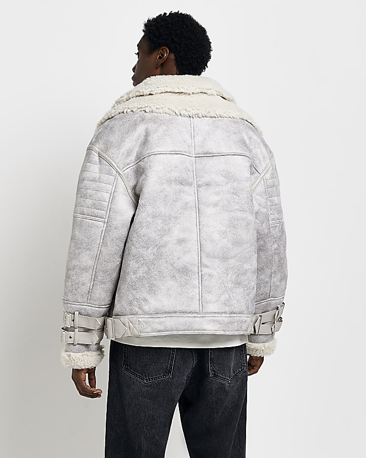 White regular fit shearling aviator jacket