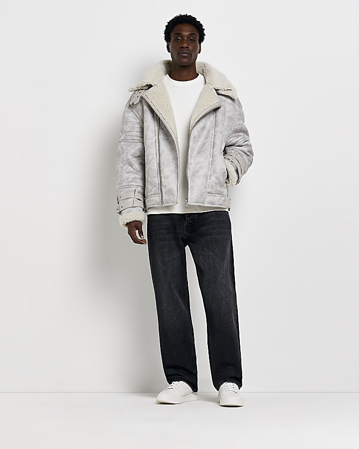 White regular fit shearling aviator jacket