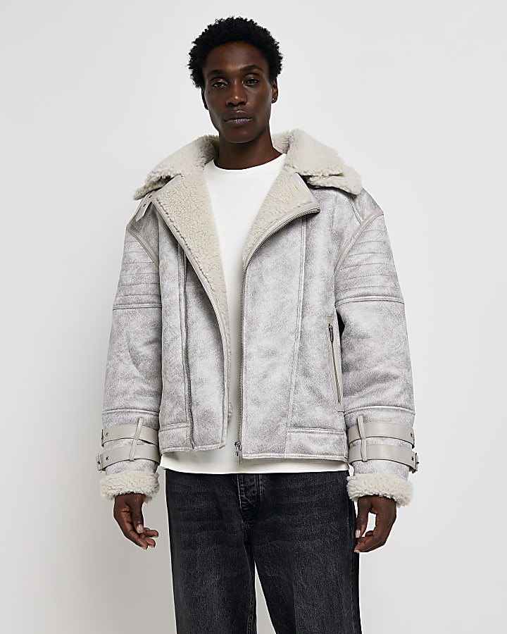 White regular fit shearling aviator jacket