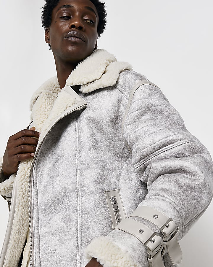 White regular fit shearling aviator jacket