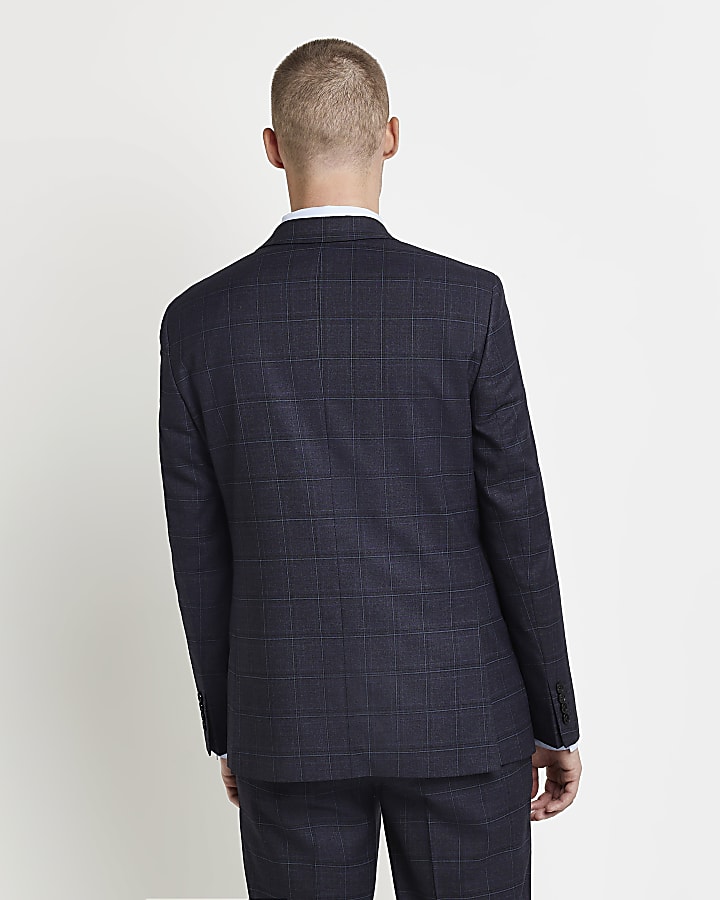 Navy slim fit check suit jacket