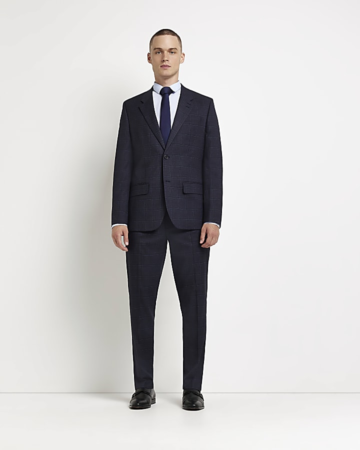 Navy slim fit check suit jacket