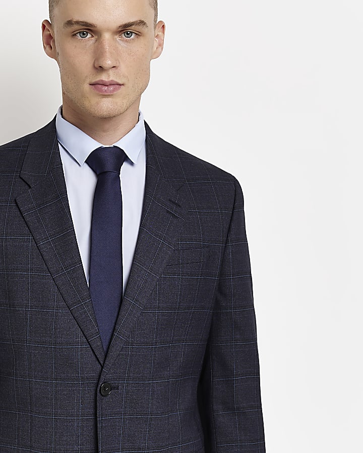 Navy slim fit check suit jacket