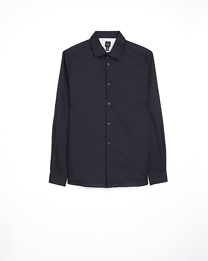 Black slim fit sateen long sleeve shirt