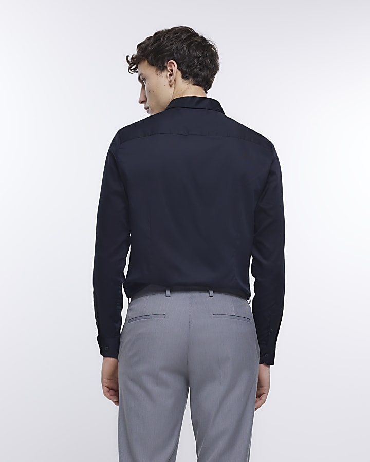 Black slim fit sateen long sleeve shirt