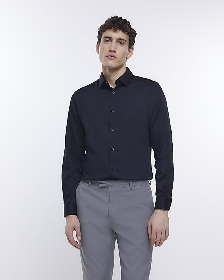 Black slim fit sateen long sleeve shirt