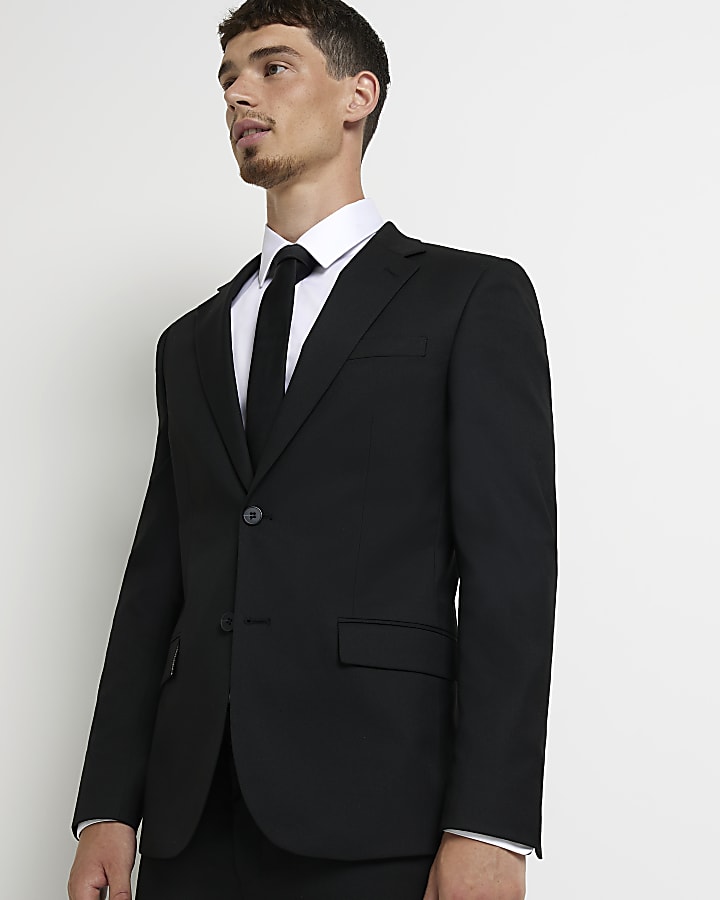 Black skinny fit twill suit jacket