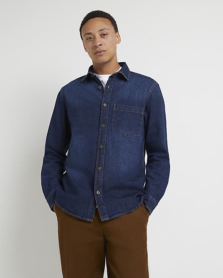 Blue regular fit long sleeve denim shirt