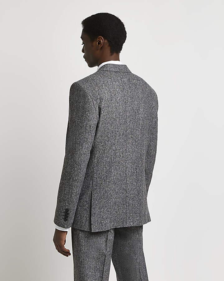 Grey slim fit textured check suit jacket