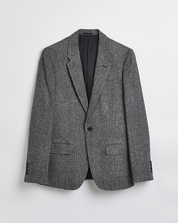 Grey slim fit textured check suit jacket