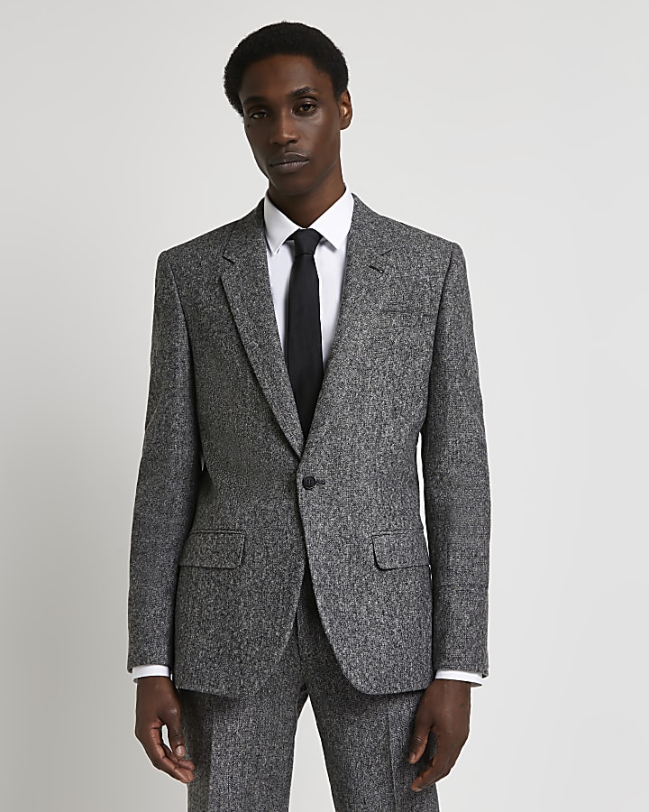 Grey slim fit textured check suit jacket